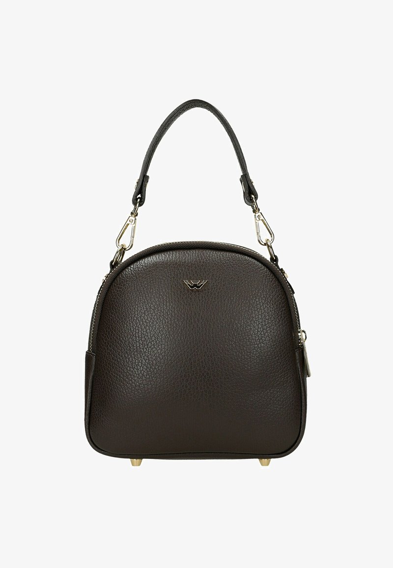 Donkerbruine leren handtas met een textuur, korte afneembare handgreep, ronde bovenkant, ritssluiting en een klein gouden logo aan de voorkant.