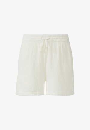 White shorts made of textured, lightweight fabric. Features an elastic waistband with a drawstring for adjustment and a relaxed fit.