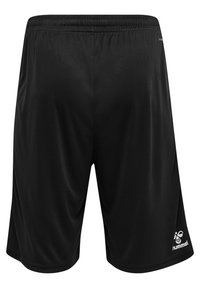 Black athletic shorts made of smooth fabric with an elastic waistband. Features a white logo on the lower right side.