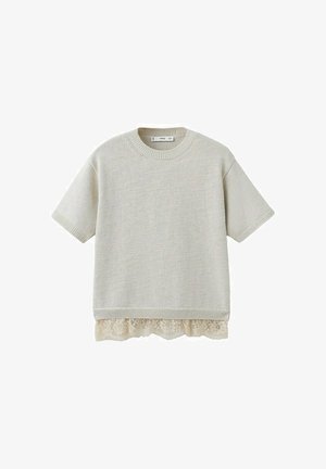 Suéter beige de punto de manga corta con cuello redondo y detalle de encaje que se extiende por debajo del dobladillo.