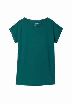 Tricou albastru-verzui cu mâneci scurte și guler rotund, cu mânecile ușor rulate, așezat plat pe un fundal alb.