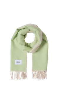 Lysegrøn tørklæde lavet af bl�ødt stof, med en beige frynsekant og en hvid etikette med teksten "CECIL". Rundet, draperet form.