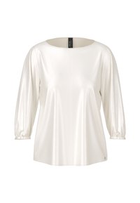 White satin top with a round neckline, elasticized long sleeves, and soft sheen finish. Features a central seam and subtle brand logo.