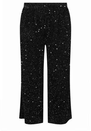 Pantaloni neri con pallettes a forma larga. Realizzati in tessuto testurizzato, presentano una vita arricciata e paillettes riflettenti sparse per un tocco di brillantezza.