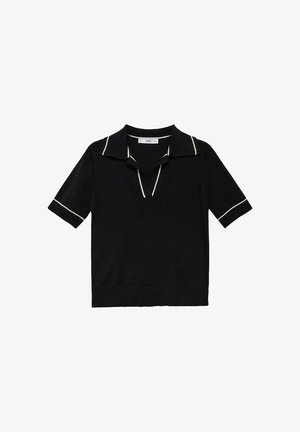 Polo-shirt en tricot noir avec un col, des manches courtes et des accents en piping blanc le long du col et des manches.