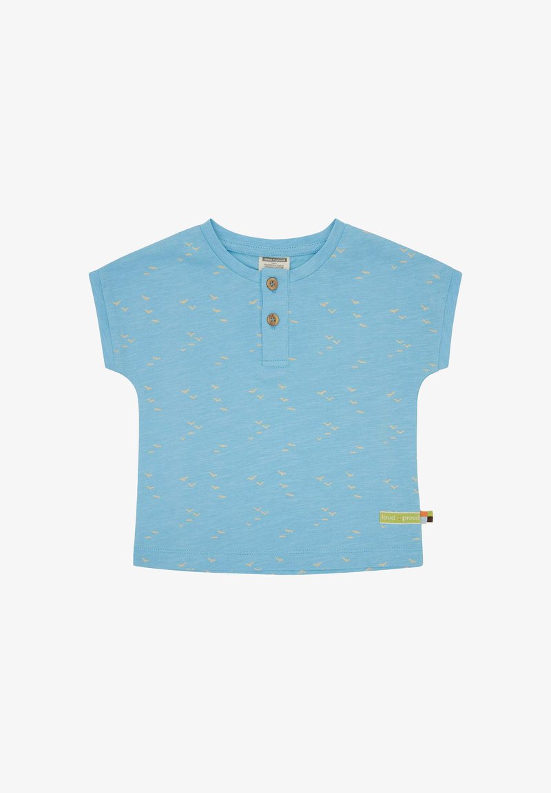 Light blue short-sleeve shirt featuring a henley neckline with two wooden buttons. Small bird pattern in pale yellow; includes a branded tag.