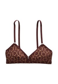 Bralette triangle marron avec motif circulaire doré, bretelles réglables et fermoir avant. Présente un tissu doux et des bonnets doublés.
