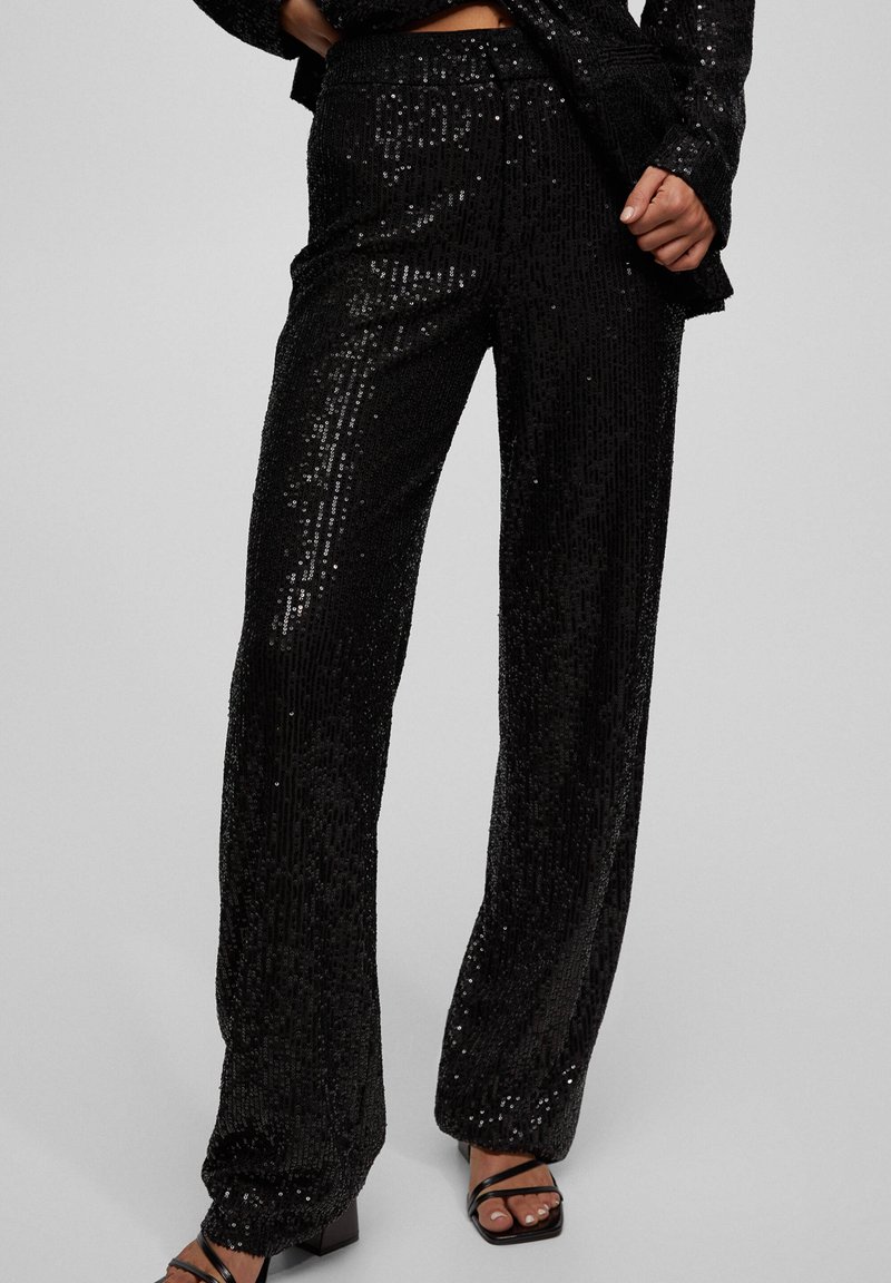 PULL&BEAR STRAIGHT SEQUIN Nohavice mottled black/melírovaná čierna