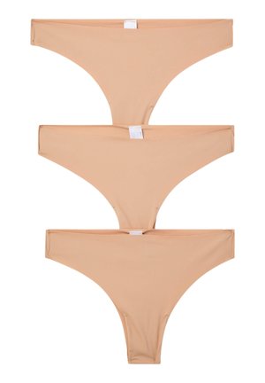 Set di lingerie in stile perizoma nude composto da tre paia, realizzato in tessuto morbido con design senza cuciture e un taglio a vita bassa. Senza motivi o hardware visibili.