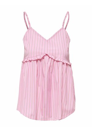 Haut rose sans manches avec fines bretelles réglables, rayures blanches et beiges verticales, un empiècement froncé sous la poitrine et une coupe ample froncée.
