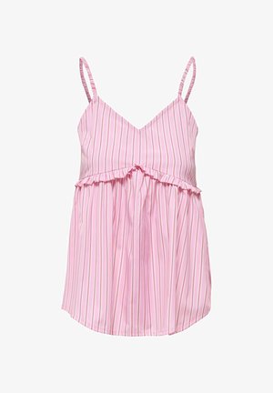 Różowy top bez rękawów z cienkimi, regulowanymi ramiączkami, pionowymi białymi i beżowymi paskami, marszczonym szwem pod biustem i luźnym, marszczonym krojem.