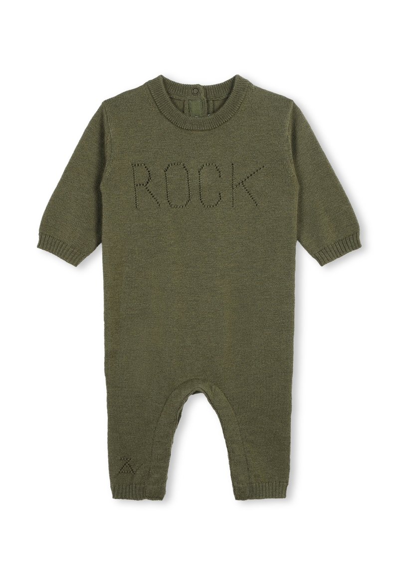 Gebreide olijfgroene romper met lange mouwen. Bevat het woord "ROCK" in textuursteek. Heeft ribgebreide manchetten en een ronde halslijn.