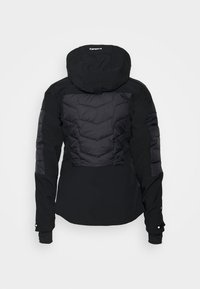 Czarna kurtka z pikowanym, puchowym tyłem i rękawami o gładkiej fakturze. Projekt z kapturem wyposażony w regulowane zapięcia.