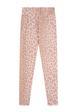 Rosa-beige Leggings mit Leopardenmuster, hohem Bund, knöchellang und aus elastischem Material.
