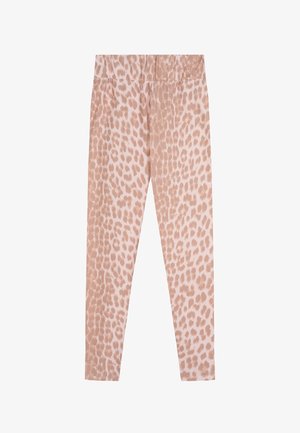 Roze en beige legging met luipaardprint, met een hoge taille, enkellang en gemaakt van rekbare stof.