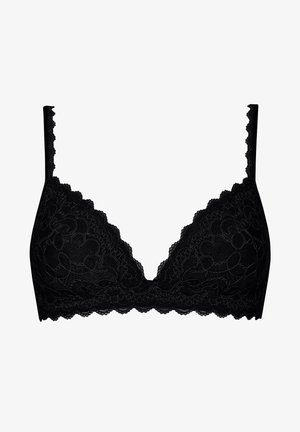 Bralette de encaje negro con escote en V profundo, bordes festoneados y tirantes ajustables. Presenta patrones de encaje floral. Textura suave.