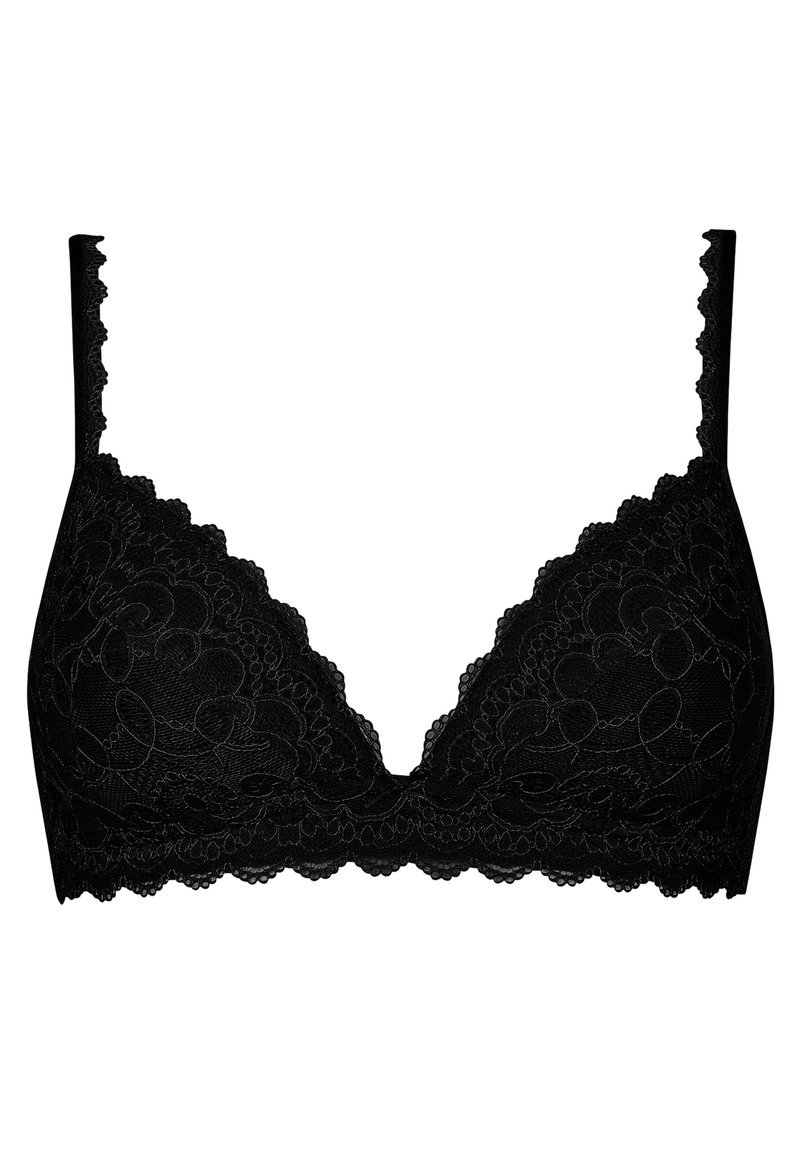 Musta pitsinen bralette, jossa on syvä V-pääntie, aaltoilevat reunat ja säädettävät hihnat. Ominaisuuksina kukkakuvioinen pitsikuvio. Pehmeä rakenne.