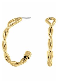 Boucles d'oreilles en or torsadées avec une texture lisse et un design épuré, dotées d'un petit accent près de la fermeture pour un détail supplémentaire.