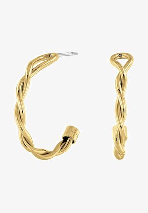 Goldene gedrehte Creolenohrringe mit glatter Oberfläche und schlankem Design, ausgestattet mit einem kleinen Akzent nahe dem Verschluss für zusätzlichen Detailreichtum.