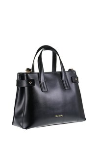 Borsa a mano nera in pelle con due manici superiori, design strutturato, dettagli metallici e un logo del marchio discreto sul davanti.