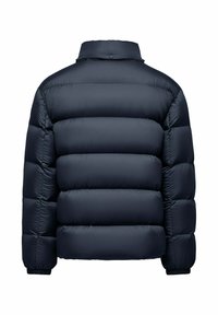 Granatowa kurtka puchowa z wysokim kołnierzem, z pikowanymi sekcjami dla lepszej izolacji, elastycznymi mankietami oraz gładką, błyszczącą powierzchnią.