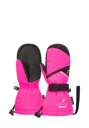 Helle rosa Handschuhe mit schwarzen Akzenten, Lederhandschuhflächen, elastischen Bündchen und verstellbarem Handgelenkriemen. Strukturierter Stoff mit gemusterten Details.