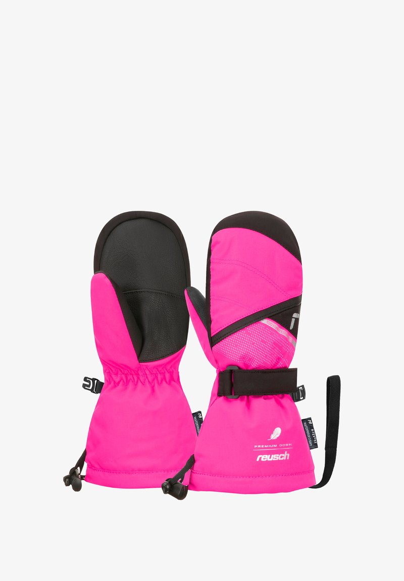 Helle rosa Handschuhe mit schwarzen Akzenten, Lederhandschuhflächen, elastischen Bündchen und verstellbarem Handgelenkriemen. Strukturierter Stoff mit gemusterten Details.