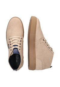 Beige suede high-top sneakers with rubber soles, round toe, lace-up closure, and textured side panels. Accented with brand label insole.