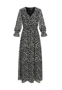 Robe maxi florale noire avec manches longues bouffantes et col en V. Dispose d'une taille cintrée avec élastique et d'un tissu fluide et transparent.