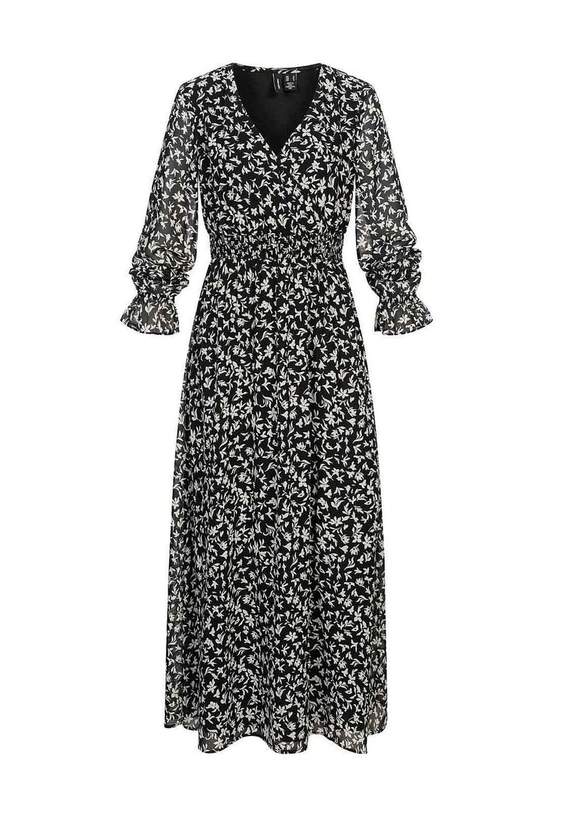 Robe maxi florale noire avec manches longues bouffantes et col en V. Dispose d'une taille cintrée avec élastique et d'un tissu fluide et transparent.