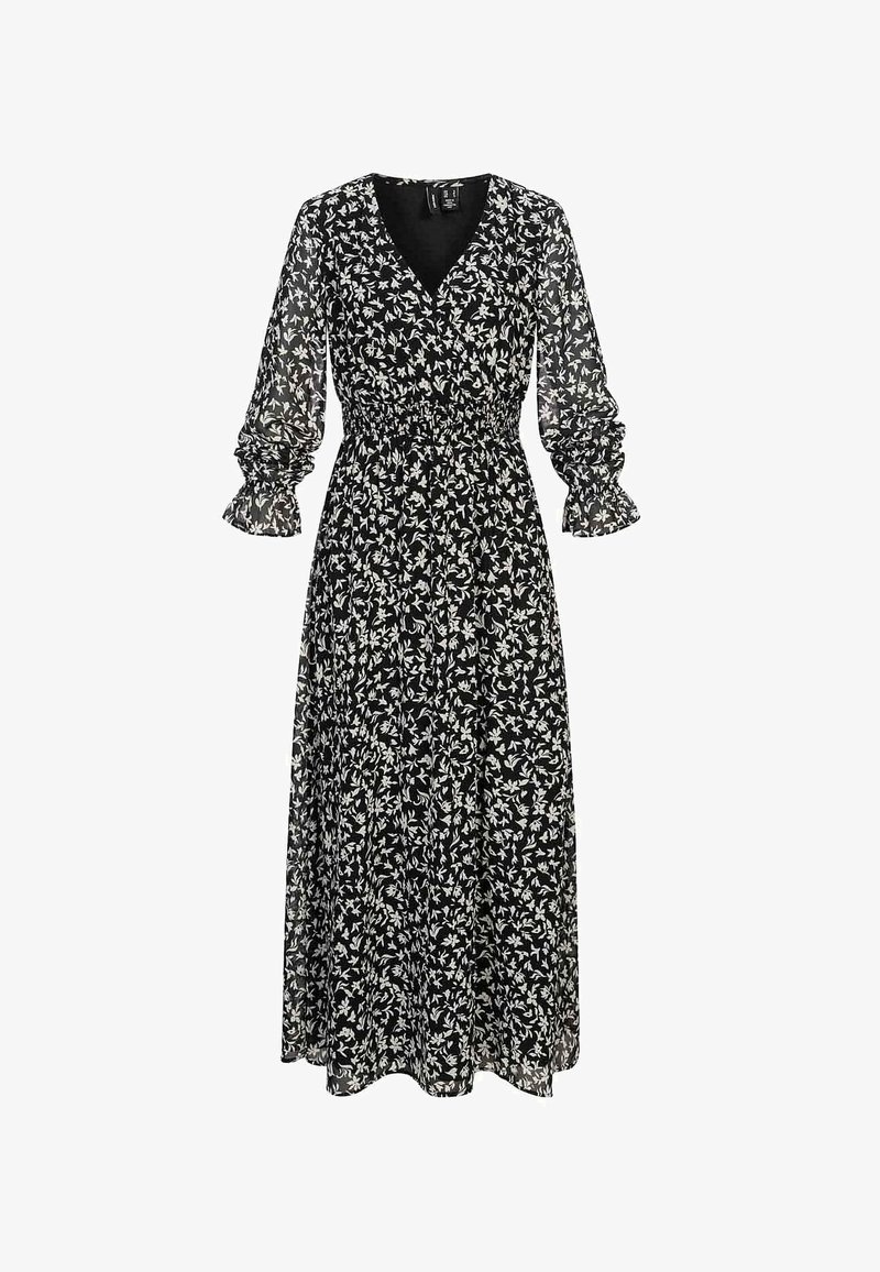 Robe maxi florale noire avec manches longues bouffantes et col en V. Dispose d'une taille cintrée avec élastique et d'un tissu fluide et transparent.