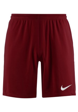Dunkelrote sportliche Shorts mit elastischem Bund und weißem Nike Swoosh-Logo am unteren rechten Bein.