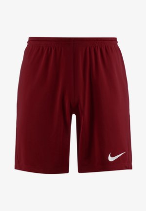 Pantalones cortos deportivos burdeos con cintura elástica y logotipo blanco de Nike Swoosh en la parte inferior derecha de la pierna.