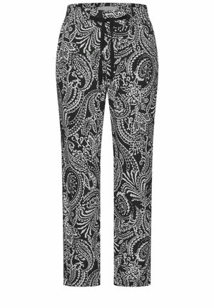 Czarne spodnie z białymi, misternymi wzorami paisley i kwiatowymi, z talią na sznurek i prostymi nogawkami.