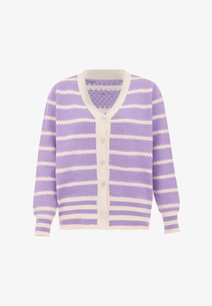Paarse en crèmekleurige gestreepte cardigan met een V-hals, vijf versierde knopen en geribde manchetten en zoom. Breipatroon voegt textuur toe.
