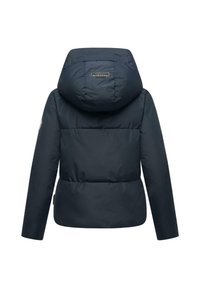 Navy blue puffer jacket with a hood, featuring a quilted design and elastic waist. Back has a logo patch on the upper section.