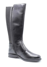 Stivaletto nero in pelle fino al ginocchio con finitura liscia, cerniera laterale e pannello elastico per il comfort. Tacco basso a blocco e design con punta arrotondata.