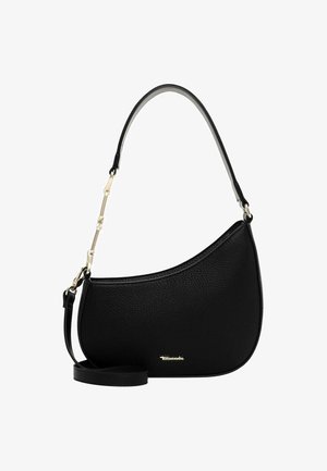 Sac à bandoulière en cuir noir avec un design courbé et une surface texturée. Doté d'un accent en métal doré et d'une bandoulière réglable.