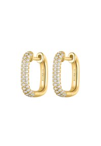 Gold rectangular hoop earrings adorned with two rows of small sparkling clear gemstones, featuring a hinge closure.