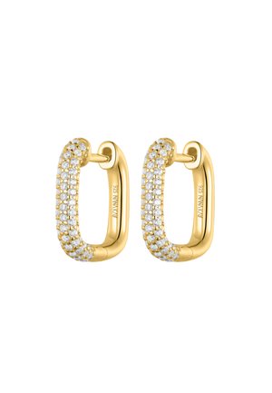 Gold rectangular hoop earrings adorned with two rows of small sparkling clear gemstones, featuring a hinge closure.
