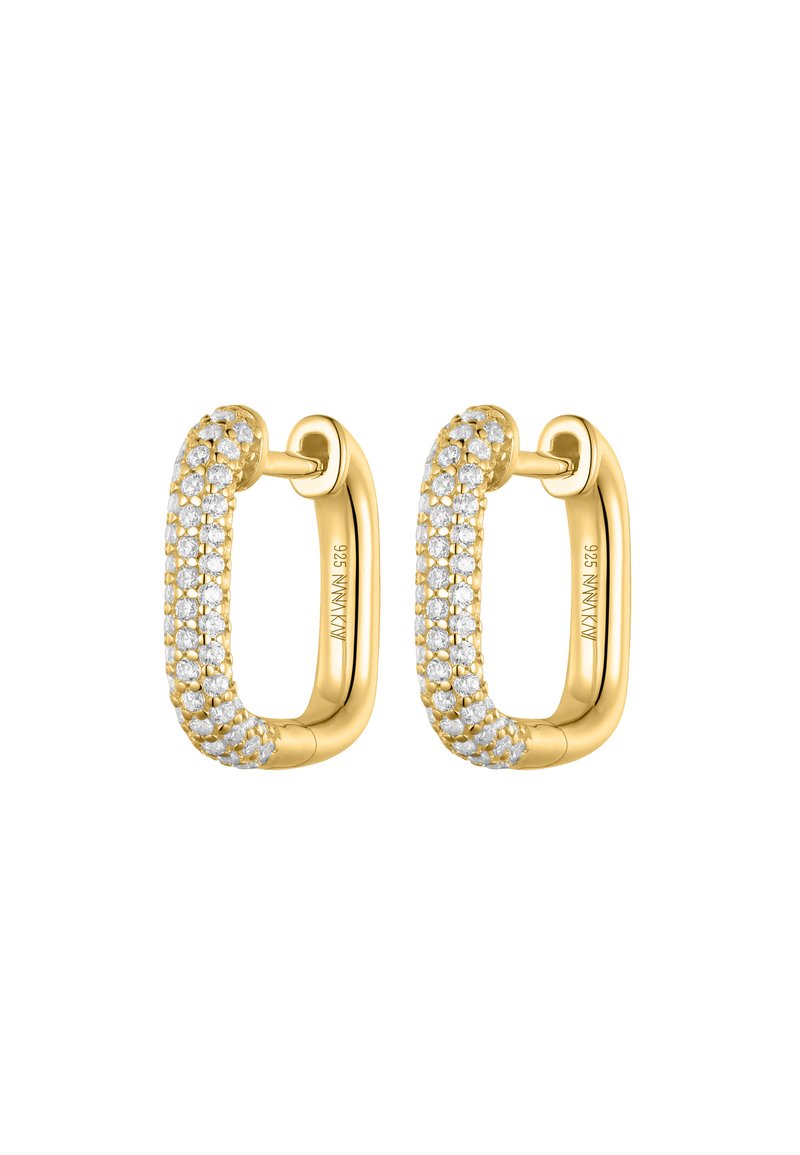 Gold rectangular hoop earrings adorned with two rows of small sparkling clear gemstones, featuring a hinge closure.