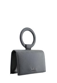 Borsa strutturata grigia con manico circolare, caratterizzata da una finitura testurizzata e un piccolo logo sulla parte anteriore.