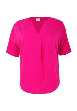 Fuchsia blouse met korte mouwen, een v-halslijn en een ontspannen pasvorm. Gemaakt van lichtgewicht stof met een gladde textuur.
