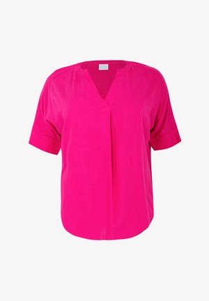 Fuchsia Bluse mit kurzem Arm, V-Ausschnitt und lockerer Passform. Hergestellt aus leichtem Stoff mit glatter Textur.