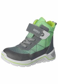 Zapatillas altas verdes y grises con una parte superior de malla texturizada, correa removible y suela de goma. Presenta cordones grises y acentos en verde neón.