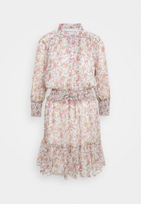 Sukienka w kwiaty z przezroczystej tkaniny, zdobiona różowymi i pomarańczowymi kwiatami, z okrągłym dekoltem, długimi rękawami oraz elastycznym, marszczonym pasem i falbaniastym dołem.