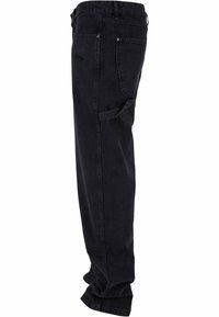 Pantaloni in denim nero con vestibilità dritta, dotati di due tasche frontali, una tasca posteriore e cuciture visibili lungo le cuciture.