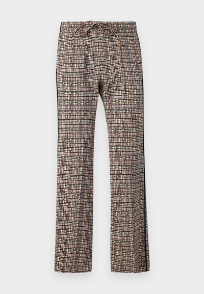 Patterned wide-leg trousers with a drawstring waist. Features a grid design in pink, black, white, and green, with floral accents.