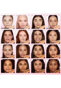 Collage aus 12 Gesichtern, die "vor" und "nach" dem Auftragen von Make-up vergleichen. Vielfältige Hauttöne, Texturen und Frisuren werden hervorgehoben.