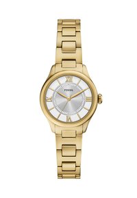 Orologio Fossil dorato con bracciale a maglie metalliche, quadrante argentato, indicatori con numeri romani e un centro testurizzato per un contrasto visivo.